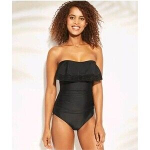 Kona Sol Swimsuit Black Sz S Women' Crochet Flounce Bandeau One Piece One strap